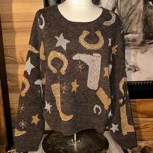 Cozy Brown Star & Horseshoe Pattern Women's Sweater